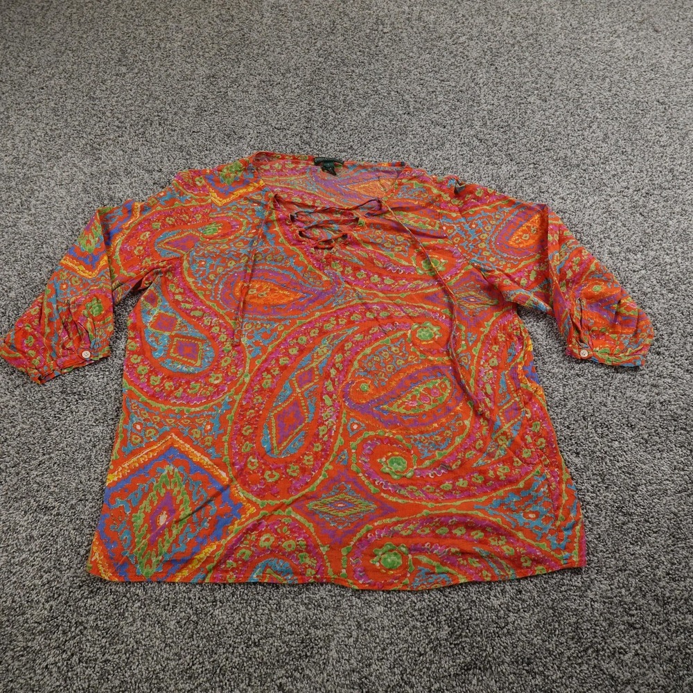 Ralph Lauren Shirt Womens L Orange Paisley Western Rodeo Boho Peasant Top Blouse